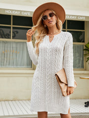 Notched Neck Cable-Knit Slit Sweater Dress Trendsi