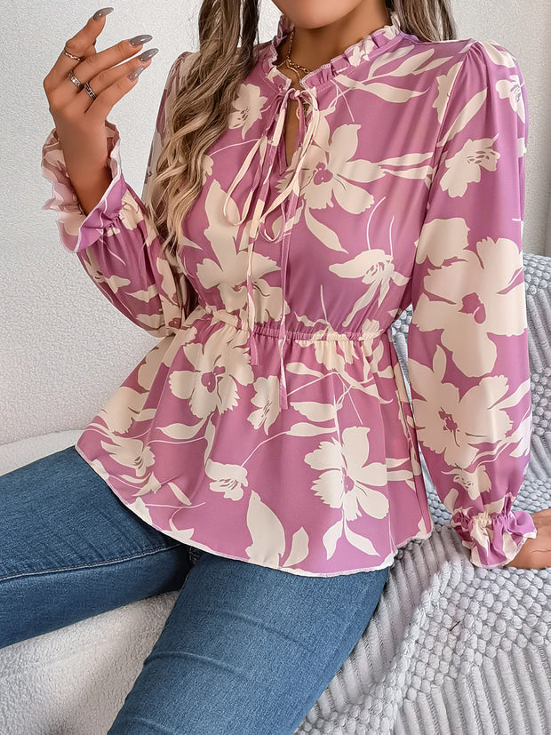 Printed Tie Neck Flounce Sleeve Blouse Trendsi