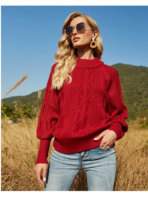 Ribbed Mock Neck Lantern Sleeve Sweater Trendsi