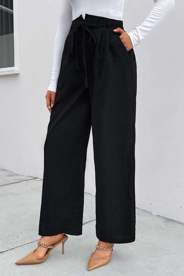 High Waist Ruched Tie Front Wide Leg Pants Trendsi