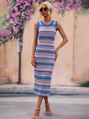 Striped Round Neck Sleeveless Midi Cover Up Dress Trendsi