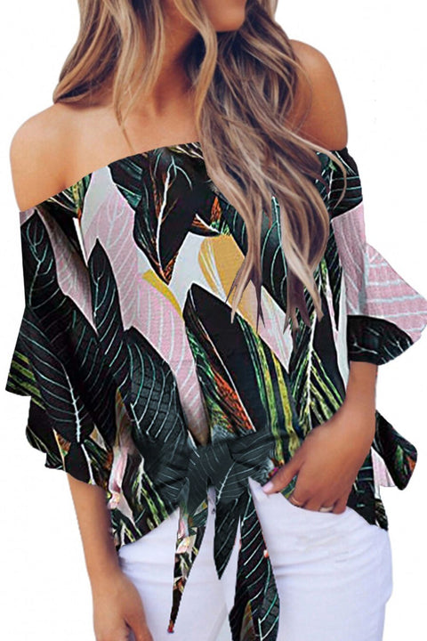 Tied Printed Off-Shoulder Half Sleeve Blouse Trendsi