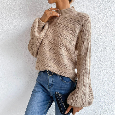 Cable-Knit Mock Neck  Long Sleeve Sweater Trendsi