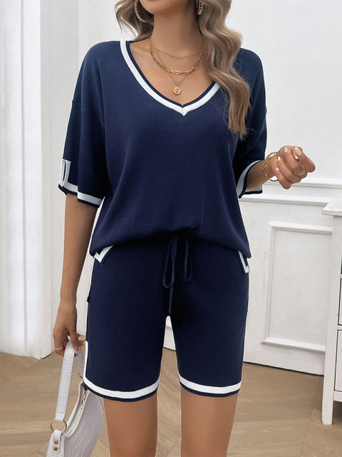 Contrast Trim V-Neck Top and Shorts Set Trendsi