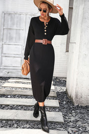 Decorative Button Notched Dropped Shoulder Sweater Dress Trendsi