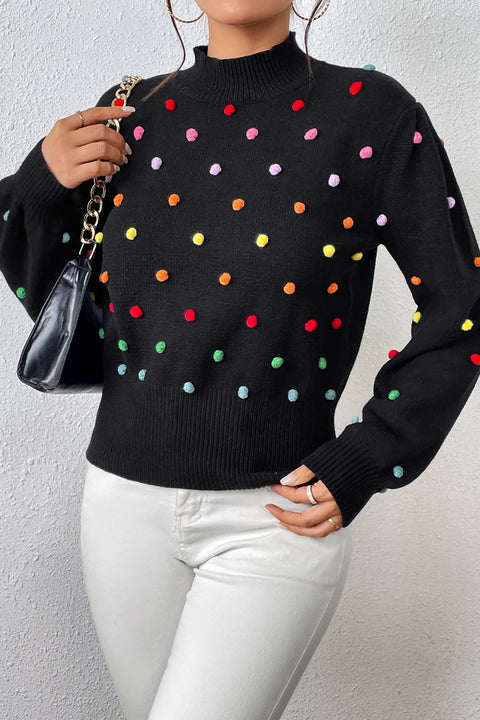 Pom-Pom Trim Mock Neck Long Sleeve Pullover Sweater Trendsi