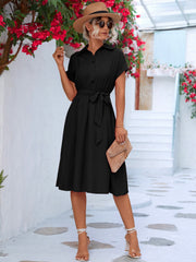 Buttoned Tie Waist Short Sleeve Dress