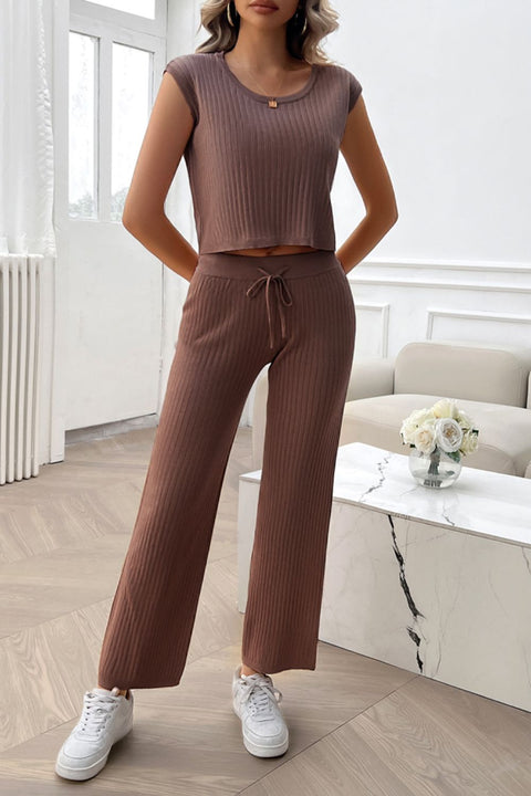 Ribbed Round Neck Top and Pants Set