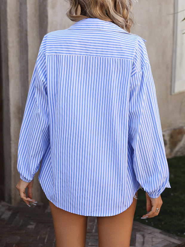 Striped Pocketed Button Up Long Sleeve Shirt Trendsi