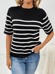 Striped Round Neck Half Sleeve Knit Top Trendsi