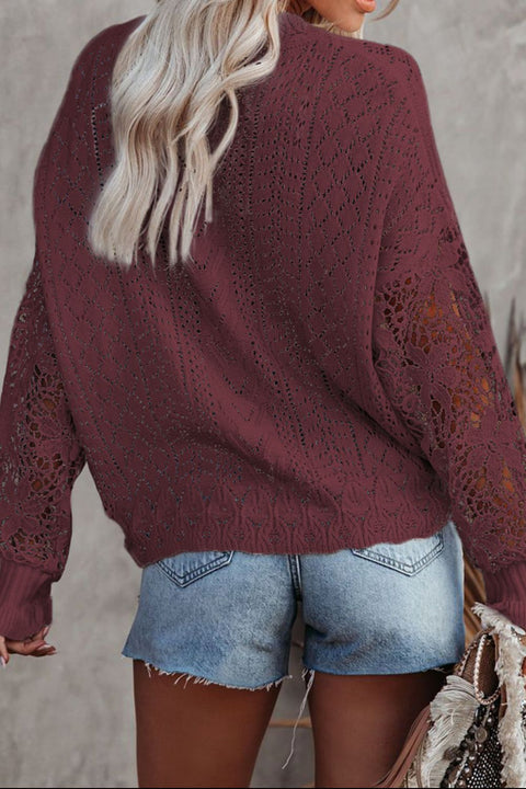 Openwork Lantern Sleeve Dropped Shoulder Sweater Trendsi