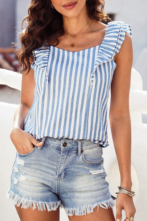 Striped Tie Back Ruffled Tank Trendsi