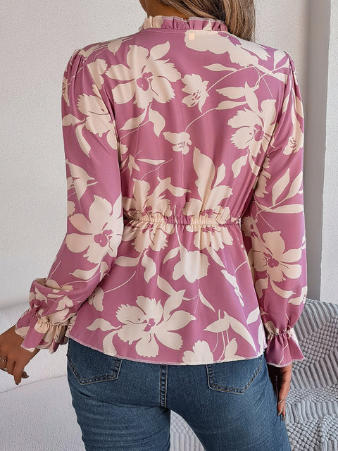 Printed Tie Neck Flounce Sleeve Blouse