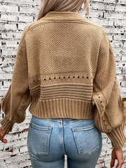 Cable-Knit Tied Open Front Lantern Sleeve Cardigan Trendsi