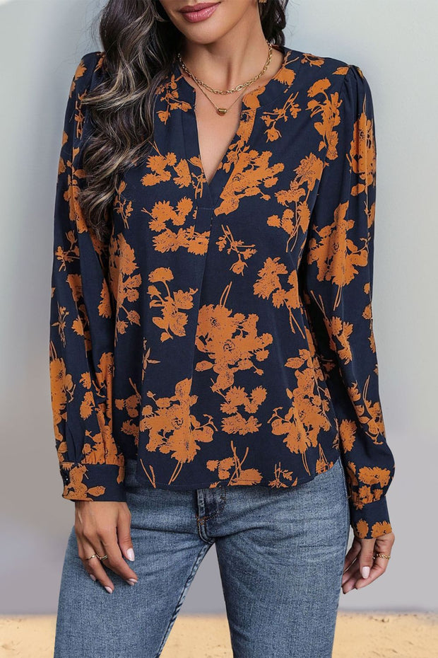 Printed Notched Long Sleeve Blouse Trendsi