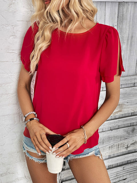 Round Neck Slit Short Sleeve Top Trendsi