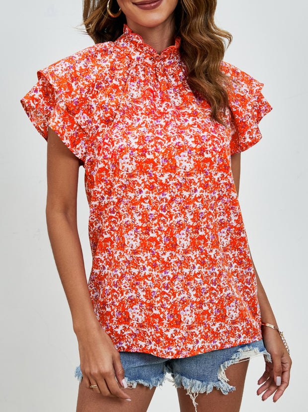 Ditsy Floral Mock Neck Flounce Sleeve Blouse Trendsi