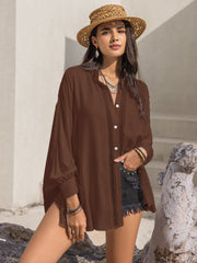 Openwork Button Up Long Sleeve Shirt Trendsi