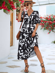 Printed Surplice Balloon Sleeve Dress Trendsi