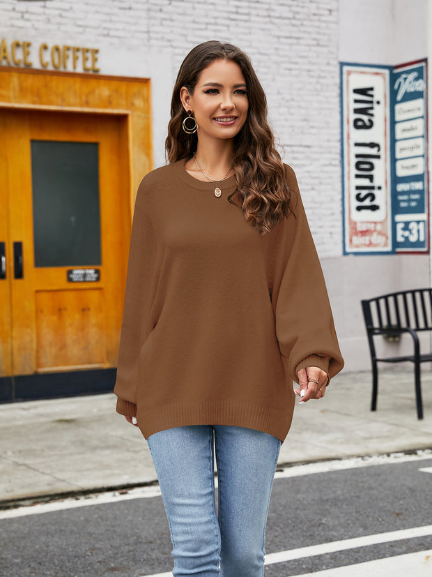 Round Neck Ribbed Trim Sweater Trendsi