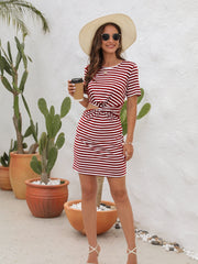 Cutout Striped Round Neck Short Sleeve Dress Trendsi