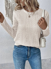 Eyelet Round Neck Long Sleeve Blouse Trendsi