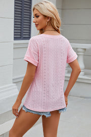 Eyelet V-Neck Short Sleeve T-Shirt Trendsi