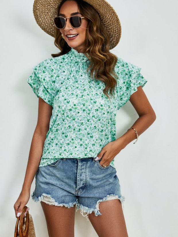 Ditsy Floral Mock Neck Flounce Sleeve Blouse Trendsi