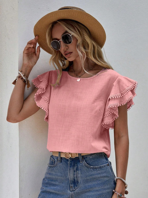 Ruffled Cap Sleeve Round Neck Blouse Trendsi