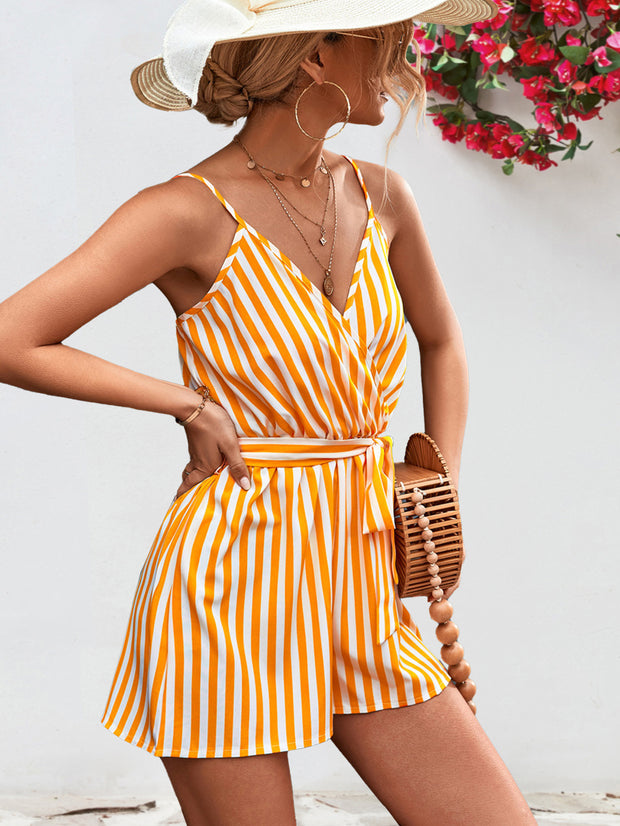 Striped Tie Waist Spaghetti Strap Romper Trendsi