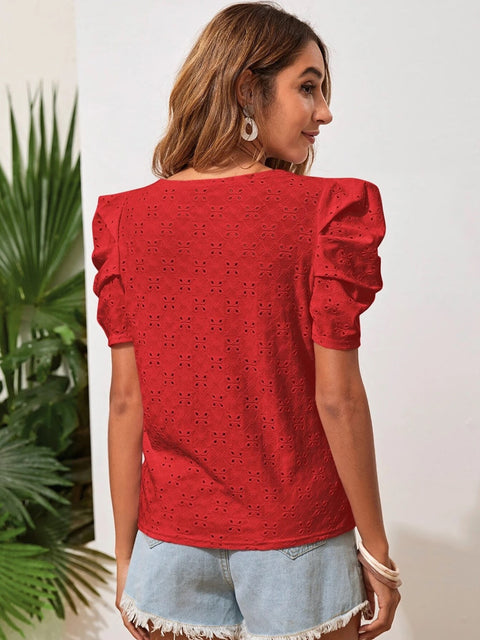 Eyelet Round Neck Puff Sleeve Blouse Trendsi