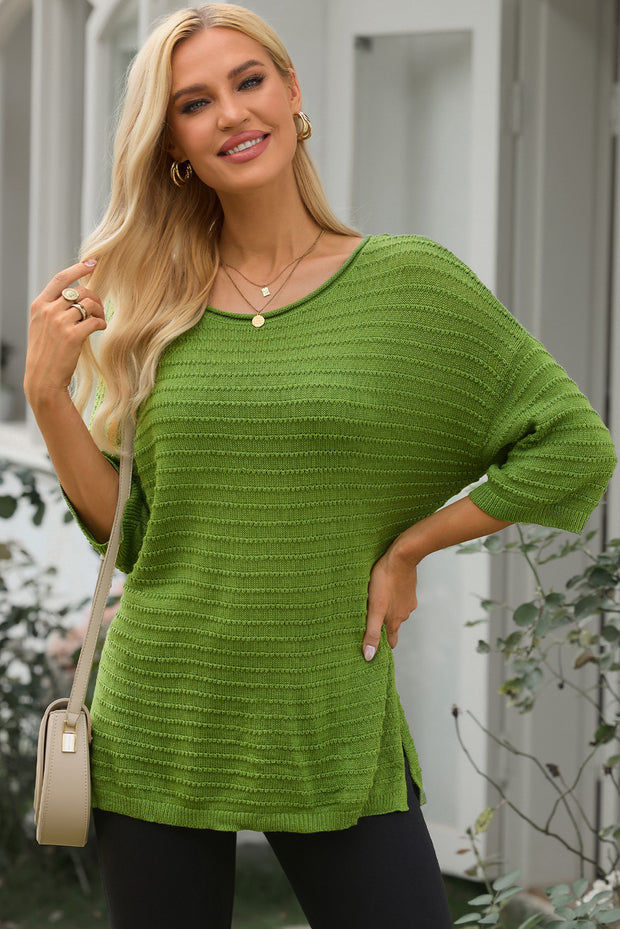 Round Neck Dropped Shoulder Side Slit Pullover Sweater Trendsi