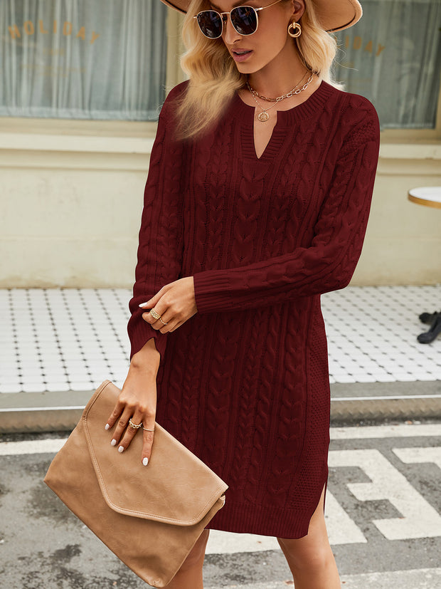 Notched Neck Cable-Knit Slit Sweater Dress Trendsi