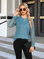 Waffle-Knit Round Neck Long Sleeve Blouse Trendsi