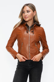 Snobbish Faux Leather Zip Up Drawstring Hooded Jacket Trendsi