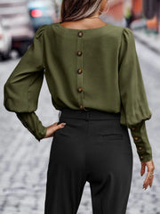 Round Neck Lantern Sleeve Blouse Trendsi