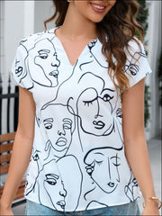 Line Drawing Print Notched Short Sleeve Blouse