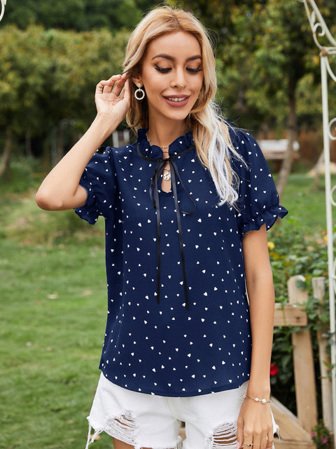 Heart Print Tie Neck Short Sleeve Blouse Trendsi