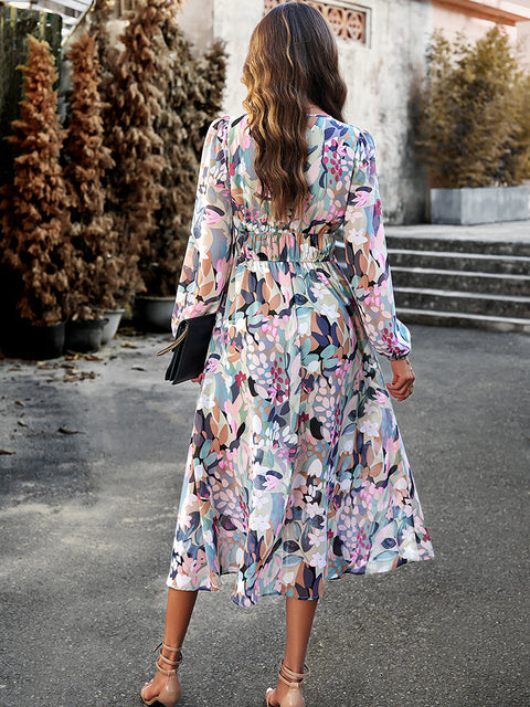 Printed V-Neck Long Sleeve Midi Dress Trendsi