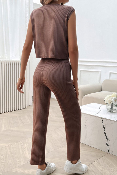 Ribbed Round Neck Top and Pants Set Trendsi