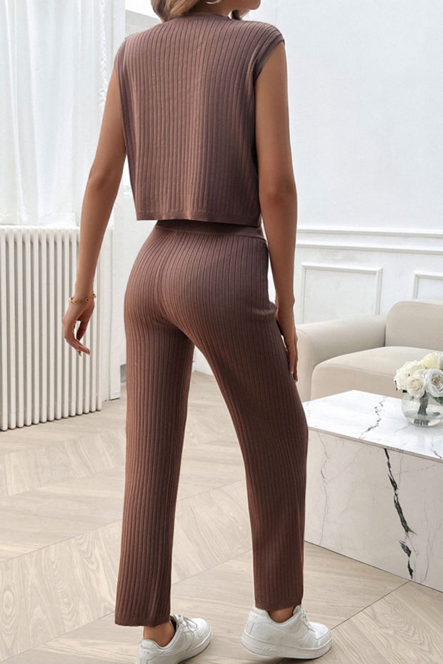 Ribbed Round Neck Top and Pants Set Trendsi