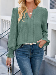 Eyelet Notched Flounce Sleeve Blouse Trendsi