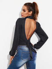 Backless Tie-Waist Turtleneck Lantern Sleeve Bodysuit Trendsi