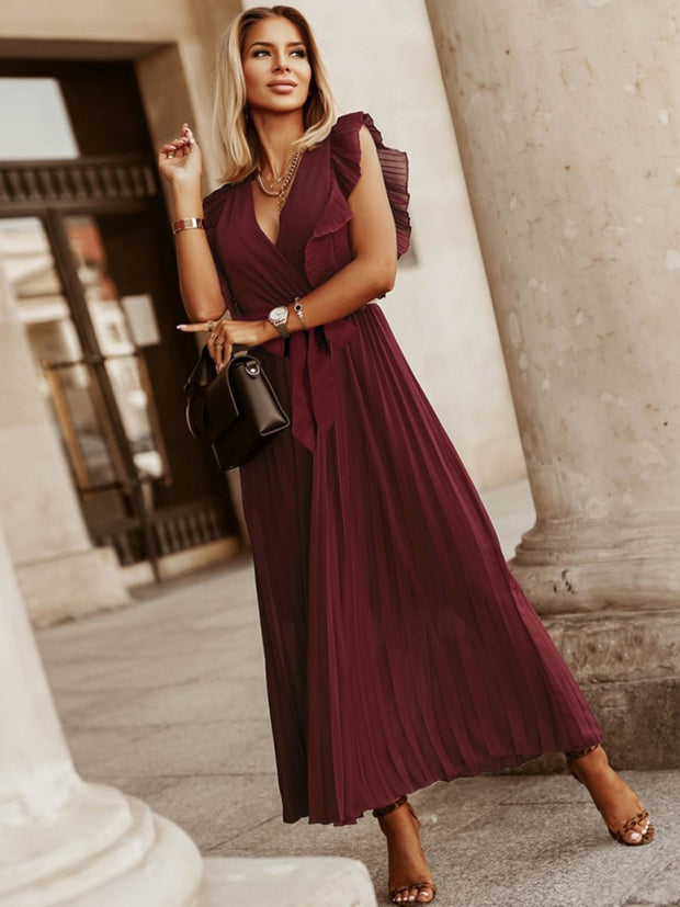 Tied Surplice Cap Sleeve Pleated Dress Trendsi