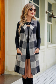 Plaid Open Front Sleeveless Cardigan with Pockets Trendsi