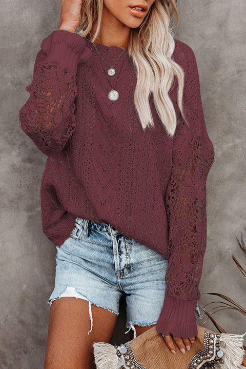 Openwork Lantern Sleeve Dropped Shoulder Sweater Trendsi