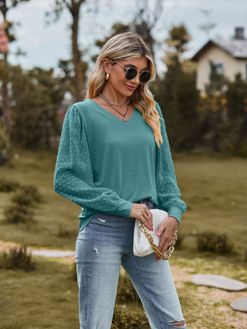 Swiss Dot V-Neck Long Sleeve Blouse Trendsi