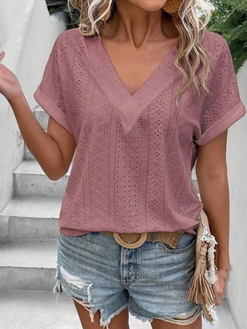 Eyelet V-Neck Short Sleeve Blouse Trendsi