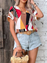 Printed V-Neck Short Sleeve Blouse Trendsi