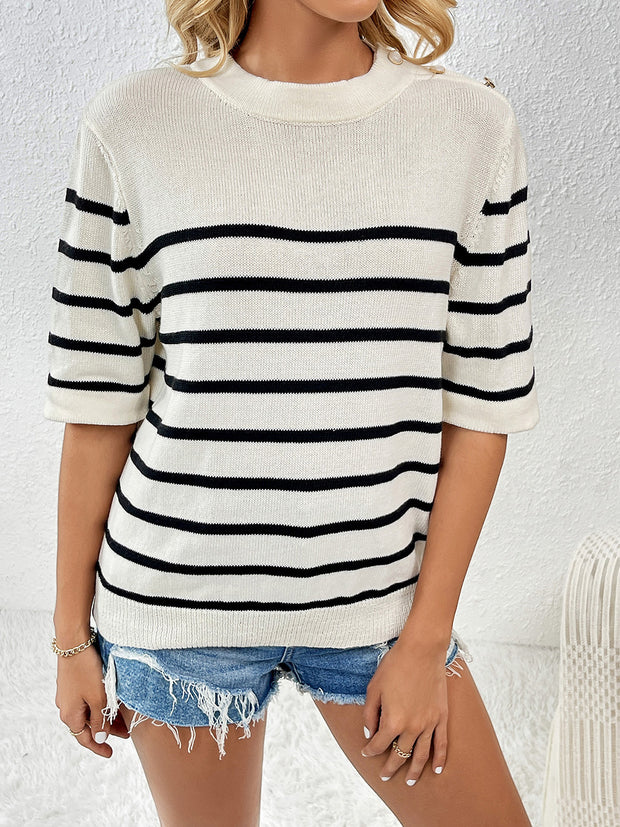 Striped Round Neck Half Sleeve Knit Top Trendsi